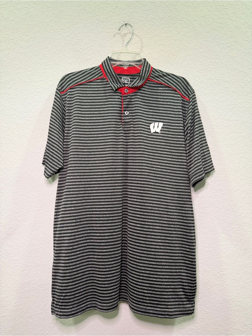 Pro Edge Black & Gray Striped Wisconsin Polo with Red Trim - L